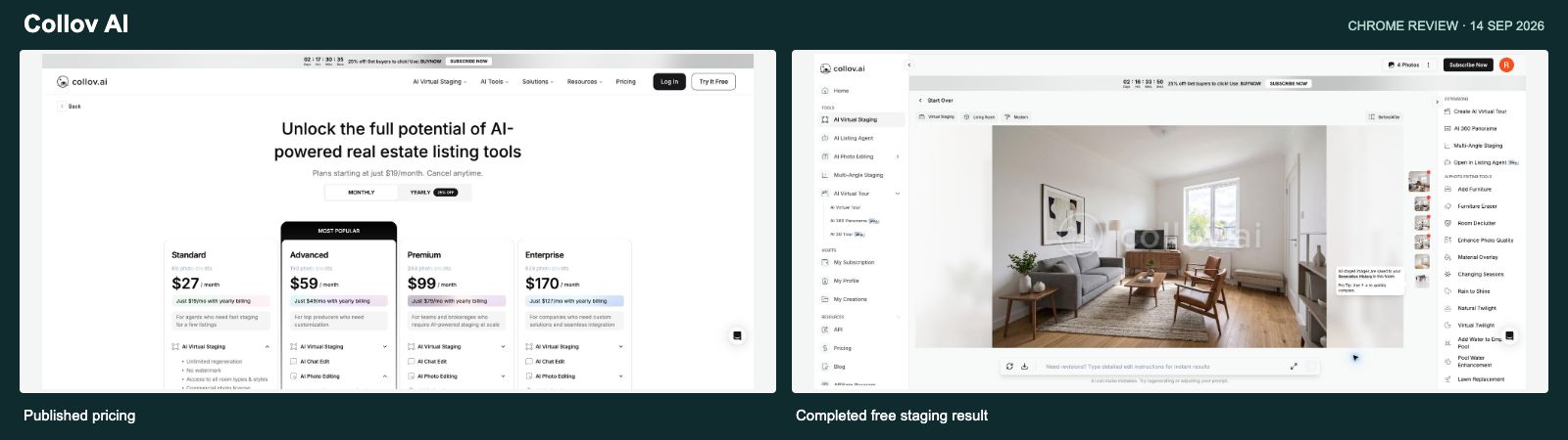 Collov AI pricing and completed staging result (September screenshots; prices shown are historical)