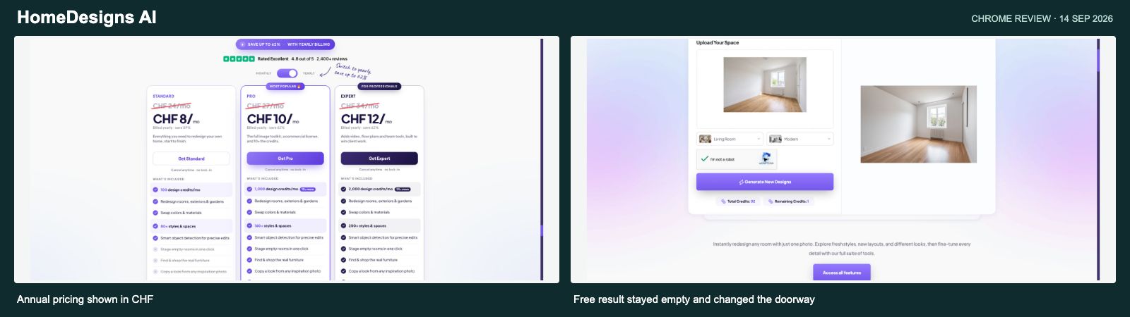 HomeDesigns AI annual pricing and completed free Modern room result (September screenshots; prices shown are historical)