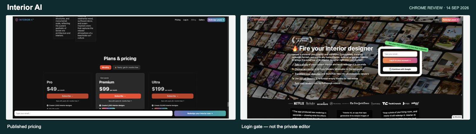 Interior AI pricing and sign-in gate; paid editor was not accessed (September screenshots; prices shown are historical)