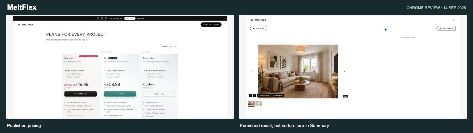 MeltFlex pricing and completed free room design (September screenshots; prices shown are historical)