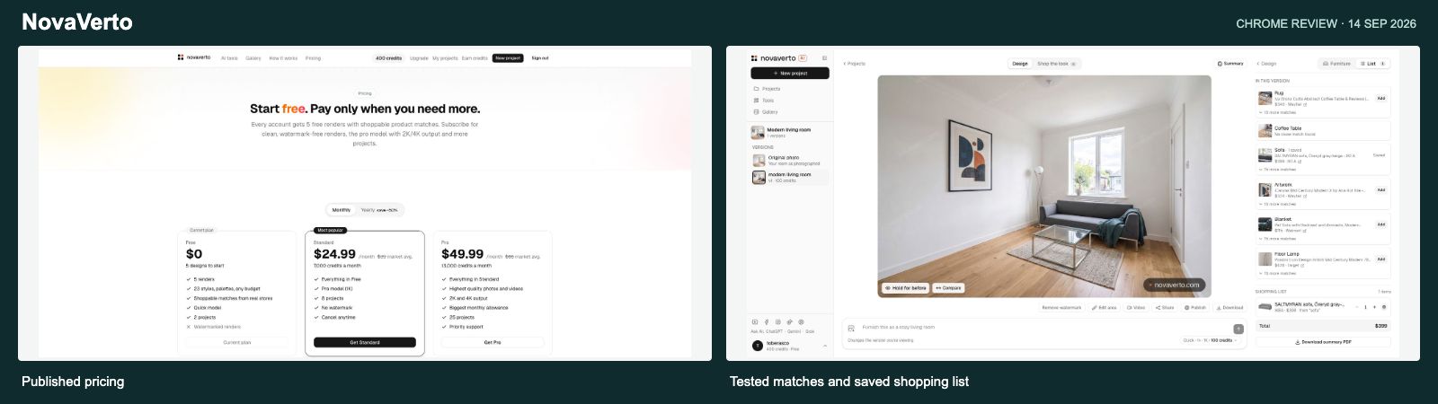 NovaVerto website and tested product workflow (September screenshots)