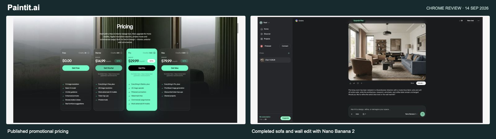 Paintit.ai pricing and completed sofa-and-wall edit (September screenshots; prices shown are historical)