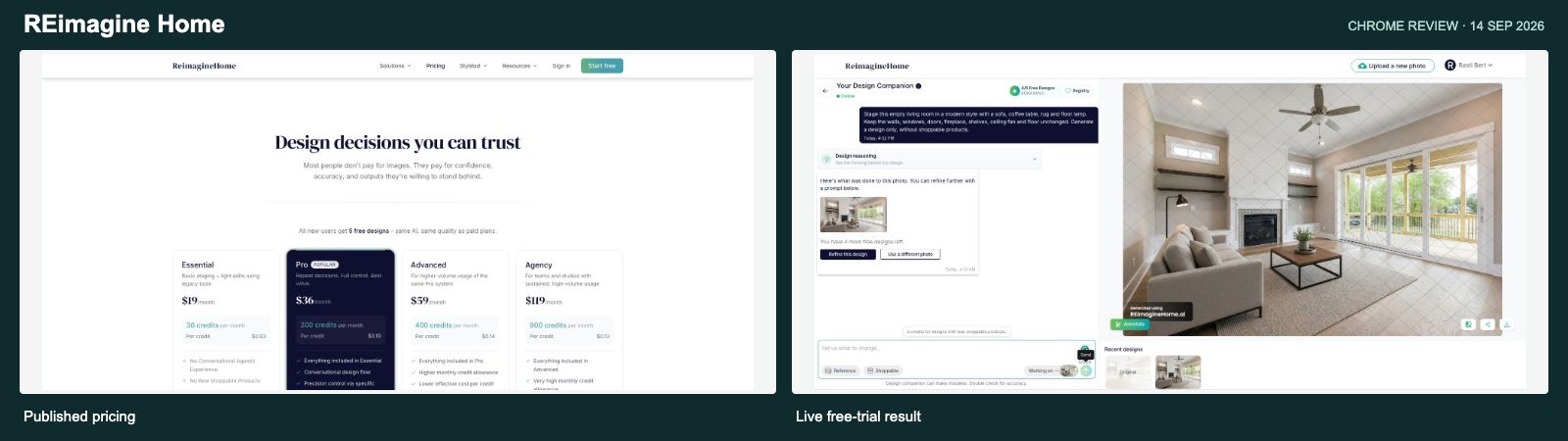 REimagine Home pricing and completed free staging result (September screenshots; prices shown are historical)