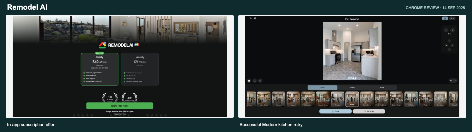 Remodel AI subscription options and successful kitchen retry (September screenshots; prices shown are historical)