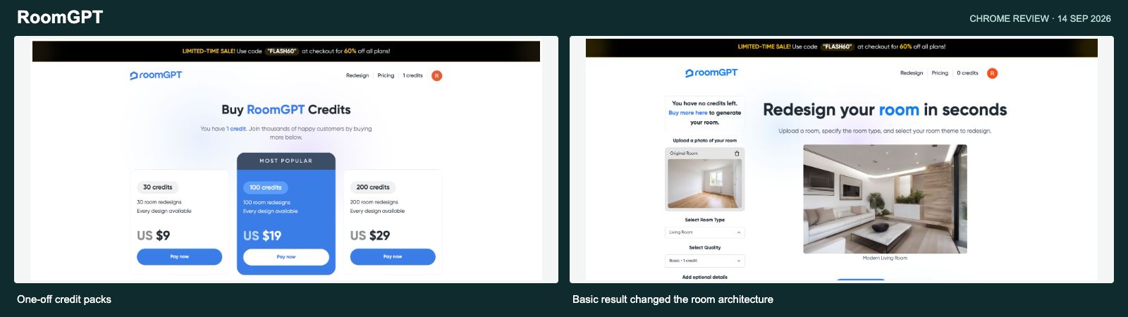 RoomGPT pricing and completed Basic result (September screenshots; prices shown are historical)