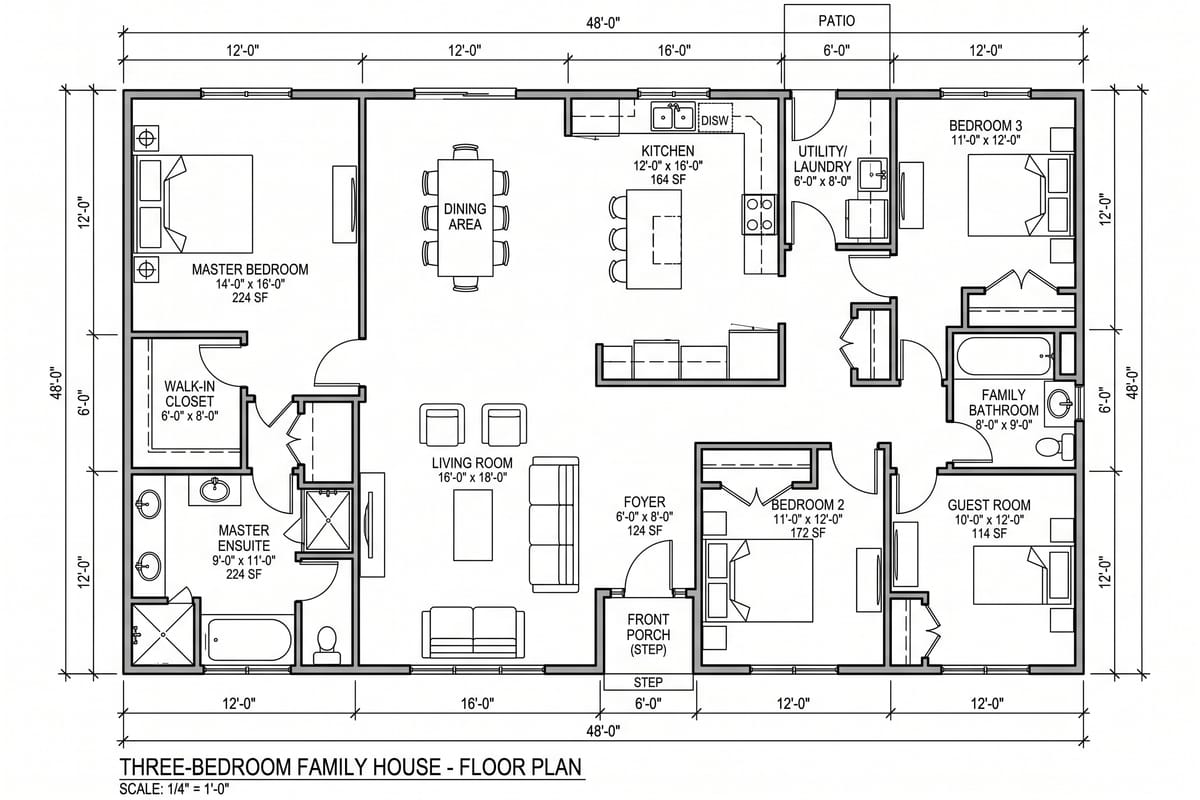 Labelled 2D floor plan of a three-bedroom family house