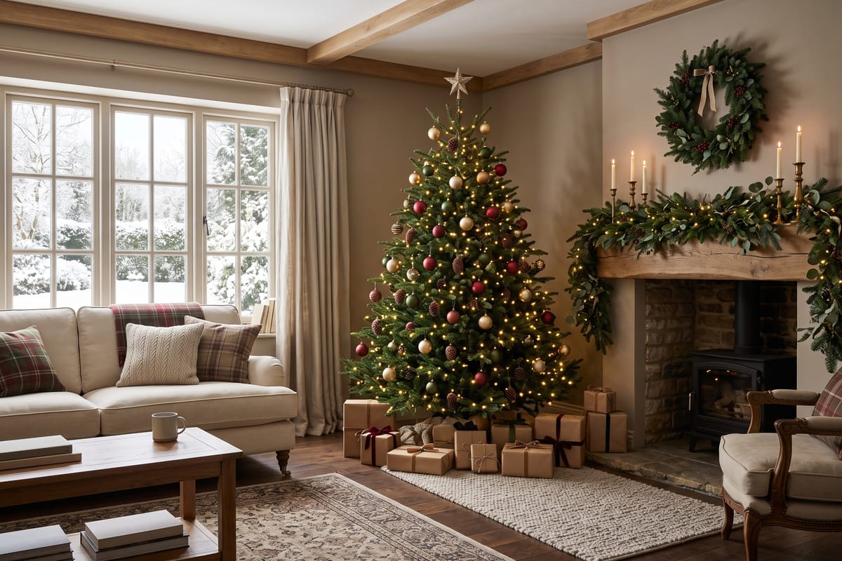 Living room tastefully decorated for the holidays