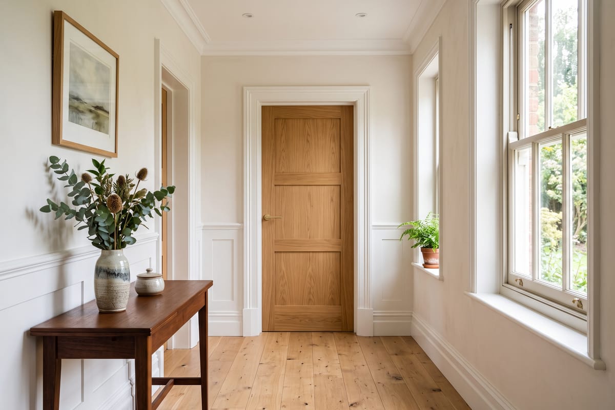 Hallway with a new oak interior door with brass hardware