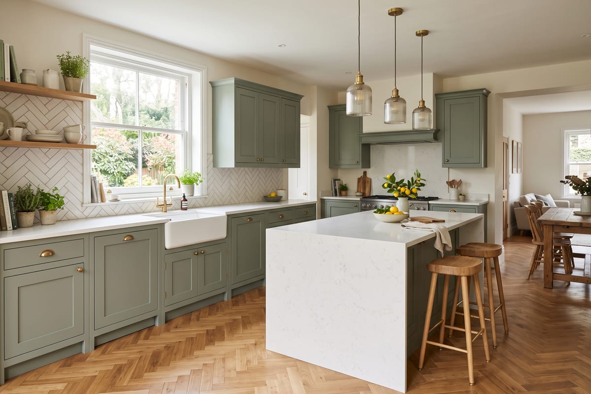 Redesigned kitchen with sage-green shaker fronts and a quartz island