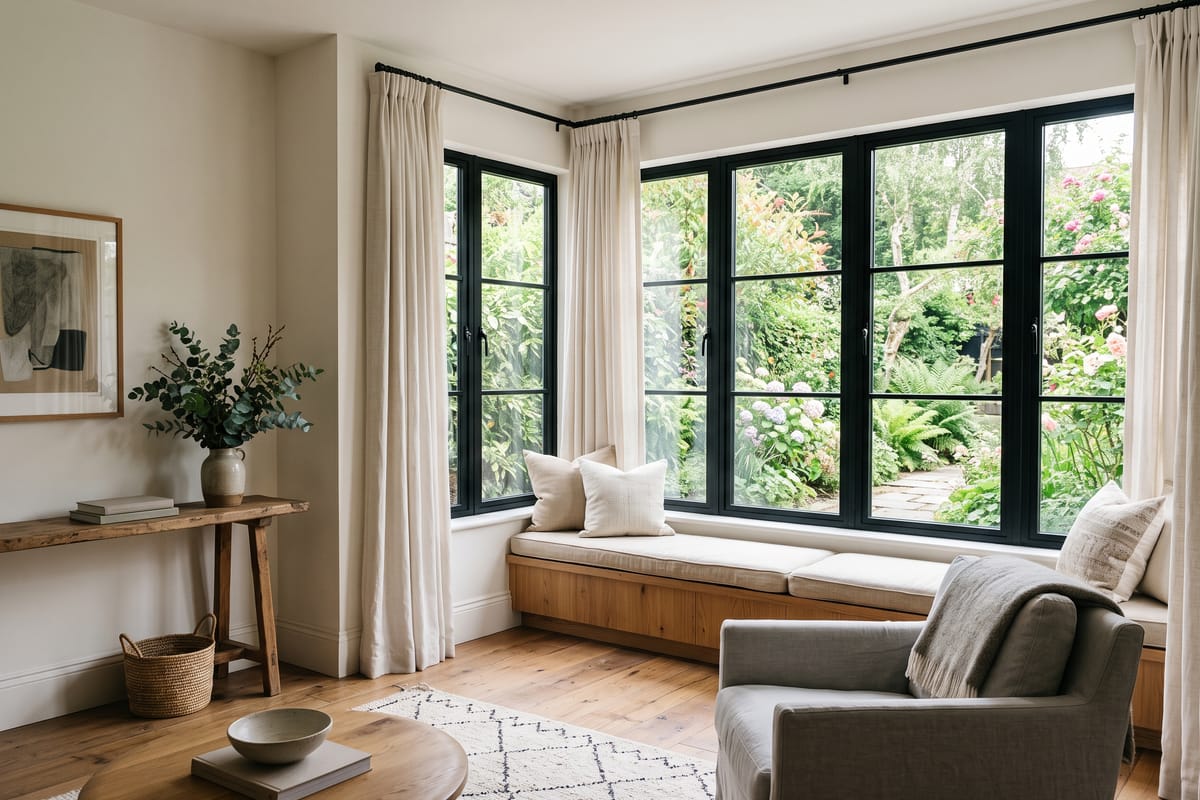 Living room with new slim black-framed windows and linen curtains